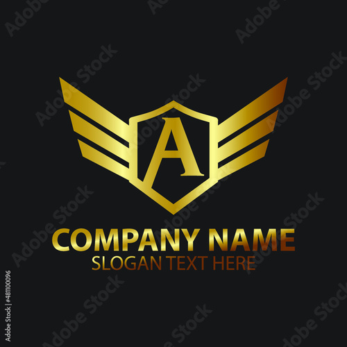 Luxury Letter A Gold Wing with Shield Logo template  Golden Wing Shield Luxury Initial Letter A logo