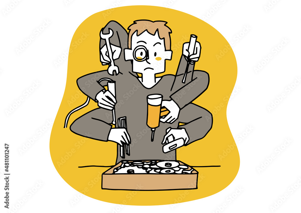 Naklejka premium さまざまな道具を使いこなし機械をなおす男性 探究心とアイディアの模索 温かみのある人物イラスト