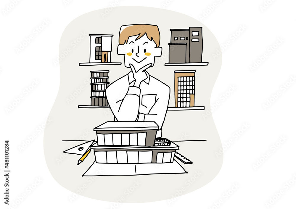 図面の上に建物を創造する建築家の男性 温かみのある手描きの人物 図面の上に建物を創造する建築家の男性 温かみのある手描きの人物