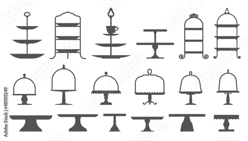 Set of cake stands in flat icon style. Empty trays for fruit and desserts. Vector illustration.