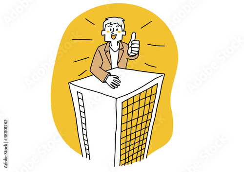 起業に成功した男性　ビルに寄りかかりサムズアップをするコンセプトアート　温かみのある手描きの人物