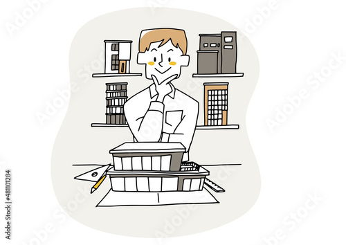 図面の上に建物を創造する建築家の男性　温かみのある手描きの人物　