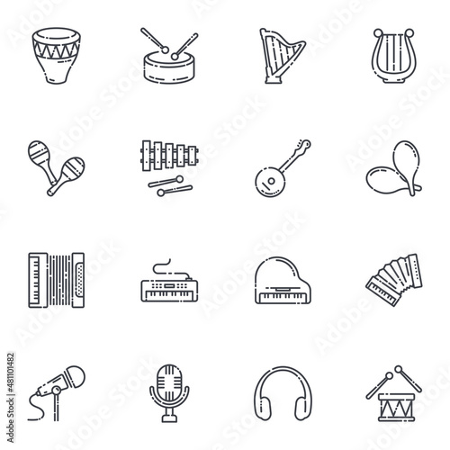 Vector line icon set of musical instruments isolated