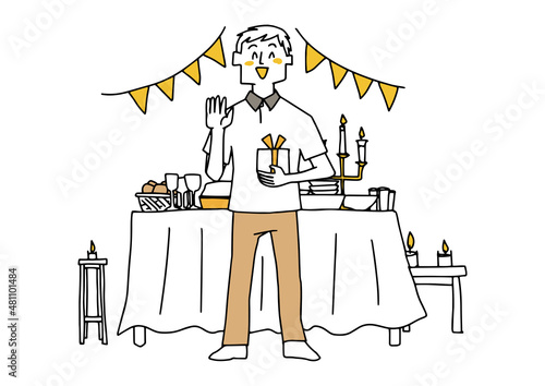 パーティーの準備をし笑顔で迎える男性　社交性の高い人物　温かみのある手描きの人物イラスト