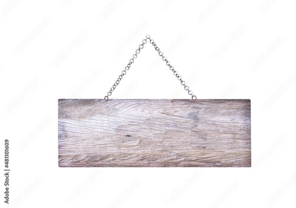 Grunge wood sign frame with small iron chain hanging isolated on white background , clipping path Grunge wood sign frame with small iron chain hanging isolated on white background , clipping path