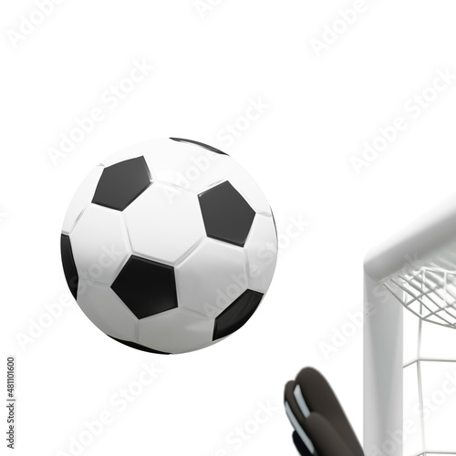 The soccer ball flew into the goal with the goalkeeper jumping to intercept the ball, 3d rendering photo