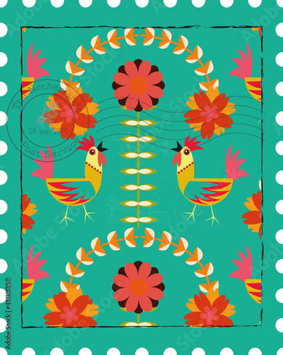 Folk art stamp with roosters and flowers vintage colours and texture