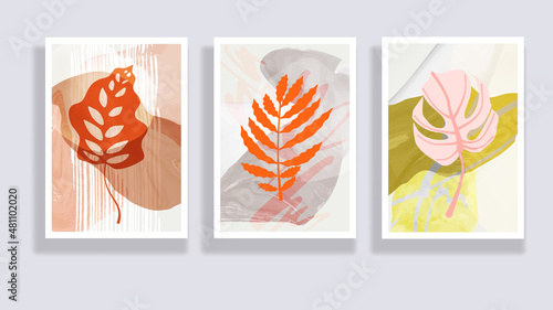 Trendy set of minimalist tropical leaves and abstract forms. Minimal botanical wall art. Mid century modern graphic. Plant art design for social media, blog post, print, cover, wallpaper. Vector