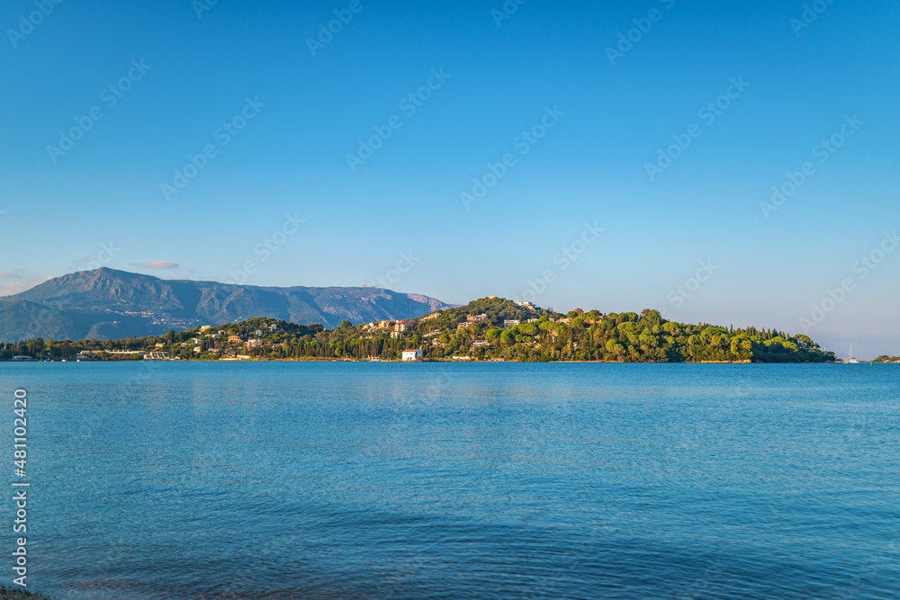 Landscape of Corfu island with buildings and mountains