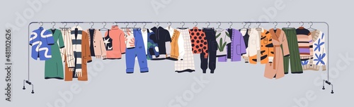 Used clothes on racks, hanging on secondhand store hanger rail. Garments mix on sale. Apparel leftovers assortment in stock shop, charity market. Isolated colored flat vector illustration of wearings photo