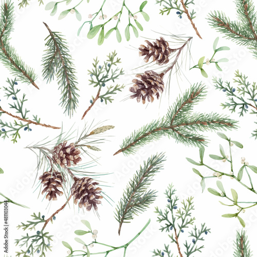 Beautiful vector floral christmas seamless pattern with hand drawn watercolor winter forest spruce branch and cone. Stock 2022 winter illustration.