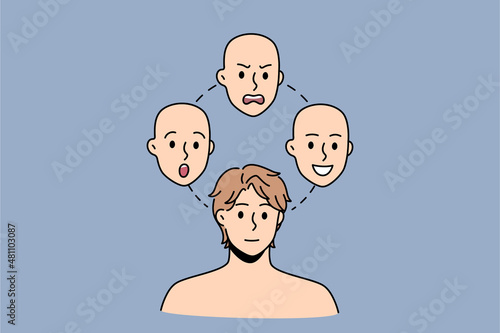 Face expression and moods concept. Young man choosing between surprised angry smiling and neutral positive face over blue background vector illustration 