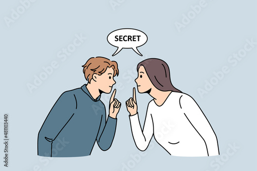 Secret privacy and silence concept. Young woman and man looking at each other showing silent gesture with fingers with secret lettering above vector illustration 