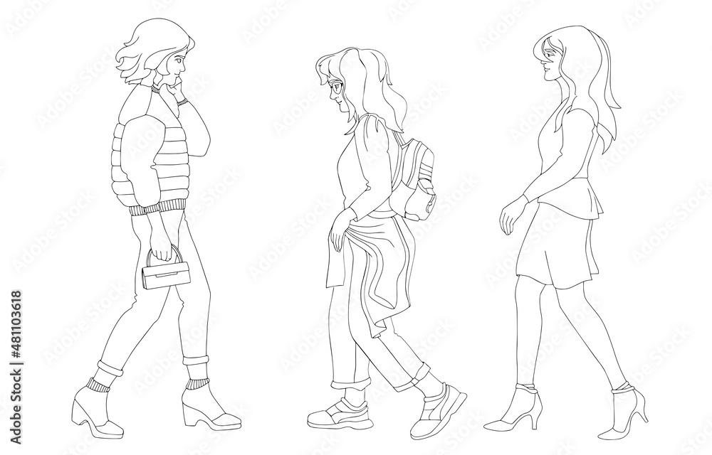 Beautiful young girls are walking. Set of drawn women. Vector.