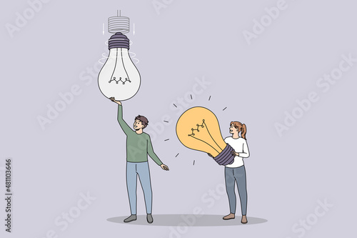 Creative ideas and Teamwork concept. Young partners colleagues teammates working on project having great innovative idea reaching for success in business vector illustration 