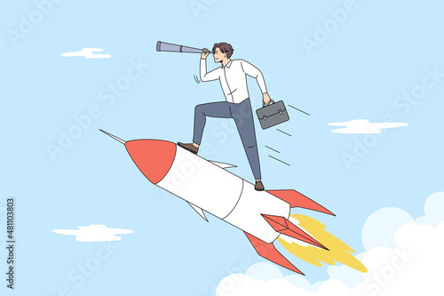 Business development and strategy concept. Young smiling businessman standing on rocket and looking forward with spyglass looking for opportunities vector illustration 
