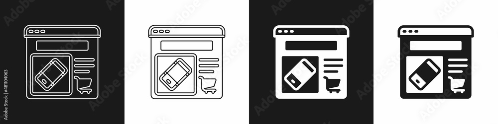 Set Online shopping on screen icon isolated on black and white background. Concept e-commerce, e-business, online business marketing. Vector Set Online shopping on screen icon isolated on black and white background. Concept e-commerce, e-business, online business marketing. Vector