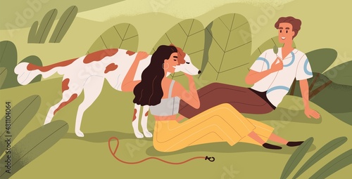 Couple and dog relaxing in nature on summer holidays. Happy man and woman resting outdoors with doggy. People sitting on grass with pet, canine animal at leisure time. Flat vector illustration