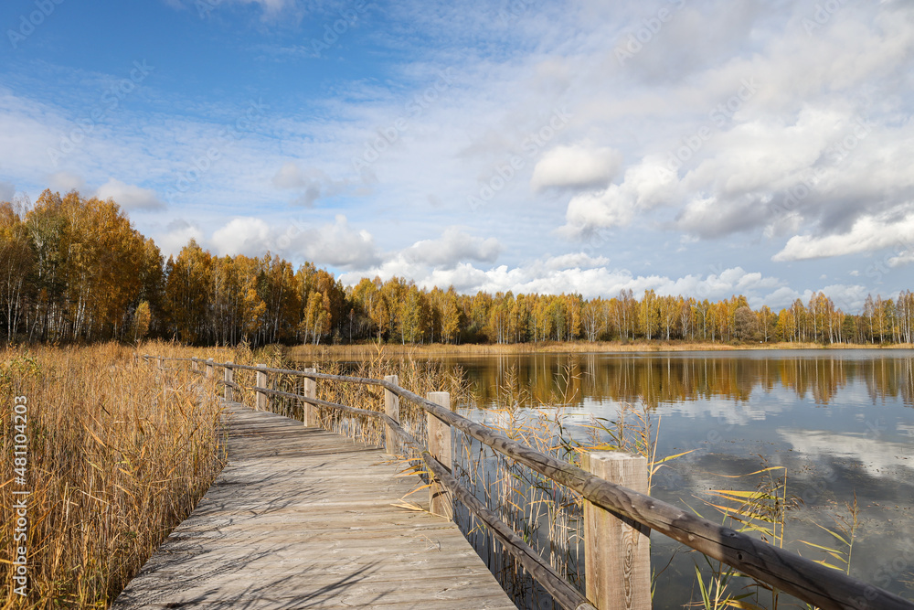 Beautiful autumn landscape view near lake and forest with wood walking trail. Beautiful autumn landscape view near lake and forest with wood walking trail.