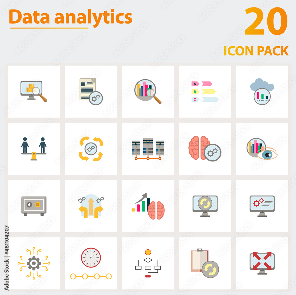 Fototapeta premium Data Analytics icon set. Collection of simple elements such as the stock, batch processing, big data, data center, deep learning, vault, classification.