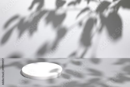 Abstract minimal nature scene - empty stage and white circle podium on gray background and soft plants leaves shadows. Pedestal for cosmetic product and packaging mockups display presentation
