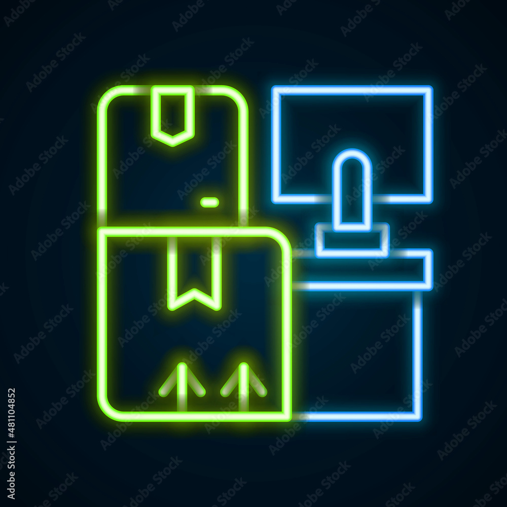 Glowing neon line Warehouse interior with boxes on racks icon isolated on black background. Logistics, cargo, parcel storage postal service. Colorful outline concept. Vector Glowing neon line Warehouse interior with boxes on racks icon isolated on black background. Logistics, cargo, parcel storage postal service. Colorful outline concept. Vector