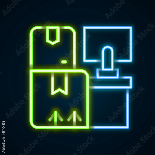 Glowing neon line Warehouse interior with boxes on racks icon isolated on black background. Logistics  cargo  parcel storage postal service. Colorful outline concept. Vector