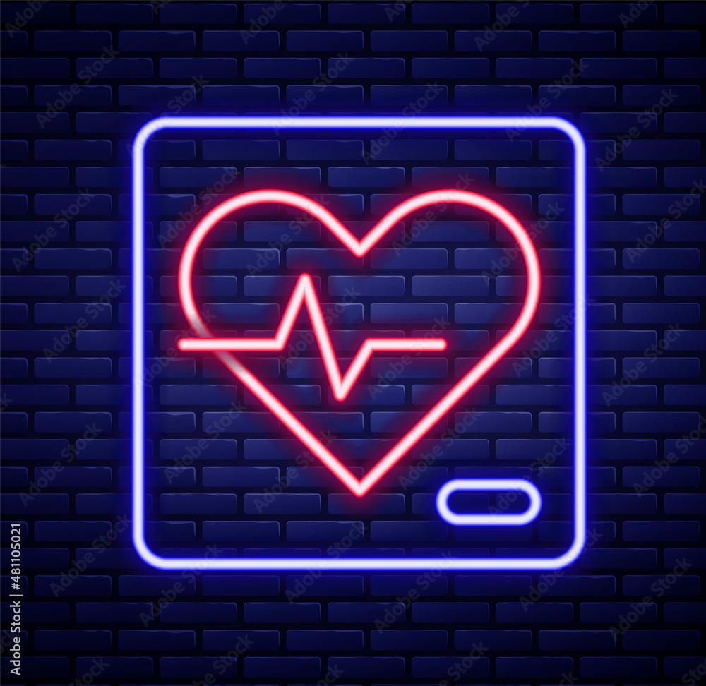 Glowing neon line Heart rate icon isolated on brick wall background. Heartbeat sign. Heart pulse icon. Cardiogram icon. Colorful outline concept. Vector