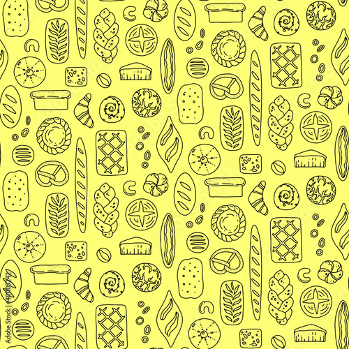 Bakery products pattern. Bread, loaf, baguette, croissant, pretzel, snail bun, pie in doodle style. Vector illustration