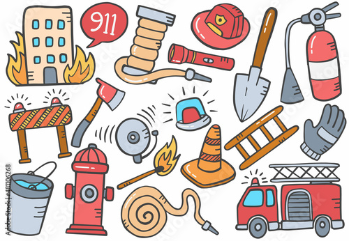 firefighter doodle hand drawn set collections with flat outline style photo