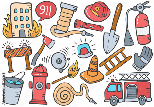 firefighter doodle hand drawn set collections with flat outline style
