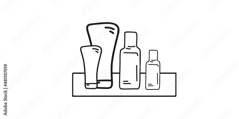 Set cosmetic bottles with a dispenser and tubes with skin care products in doodle style Set cosmetic bottles with a dispenser and tubes with skin care products in doodle style
