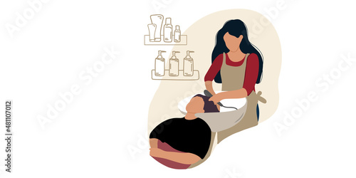 The hairdresser holds a water tap and washes the female hair to the client.
Beauty salon or training courses or master class. Flat vector illustration
and doodles.
