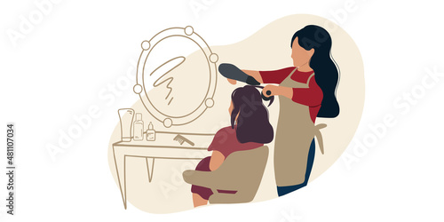 The hairdresser works with the client, styling the hair with a hair dryer.
Beauty salon or training courses or master class. Flat vector illustration
and doodle.
