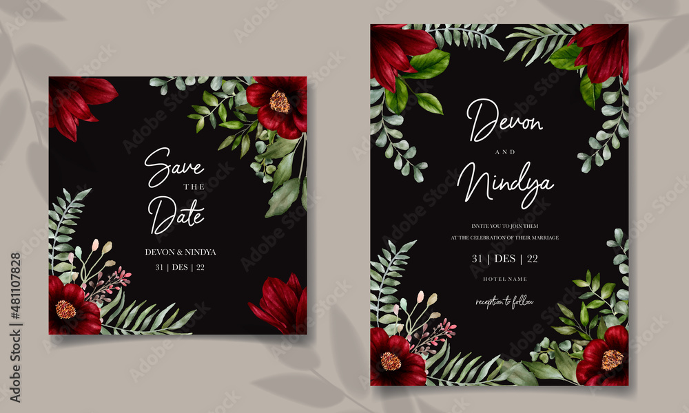 Beautiful watercolor red flower wedding invitation card