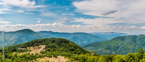 Summer panoramic mountain landscape, Sofia Mountain in the area of the village of Lukovo, share of the Western Stara Planina (Balkan Mountain), Bulgaria.