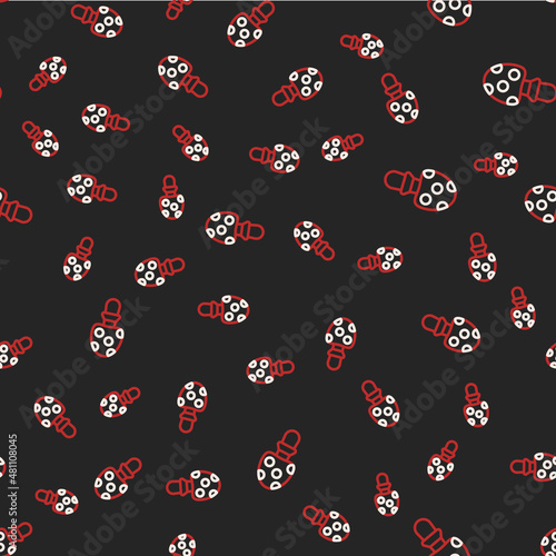 Line Amanita muscaria or fly agaric hallucinogenic toadstool mushroom icon isolated seamless pattern on black background. Spotted poisonous mushroom. Vector