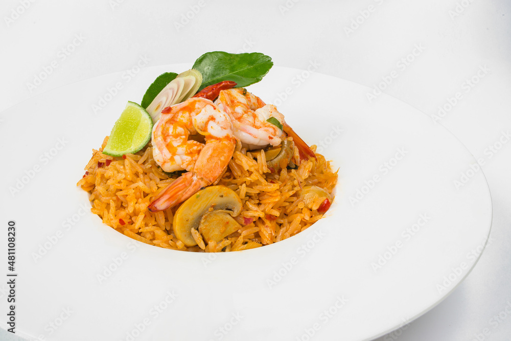 Frie rice tom yam shrimp on white background