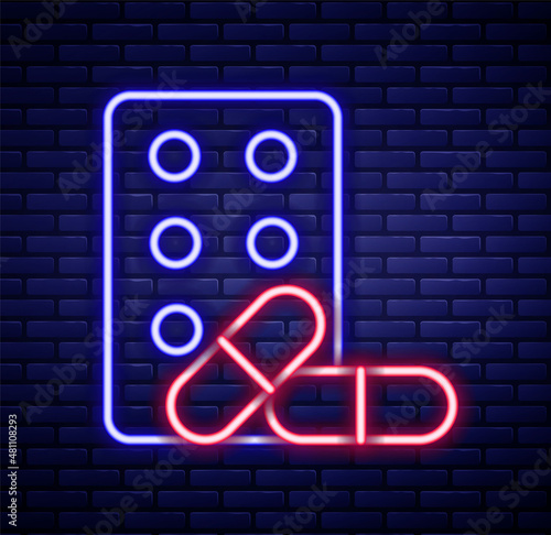 Glowing neon line Sports doping, anabolic drugs with dumbbell icon isolated on brick wall background. Anabolic steroids tablet. Pills in jar. Colorful outline concept. Vector