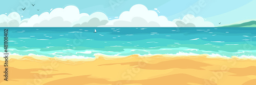 Seascape with azure waves, clouds, boat, yellow sand and mountains in the distance. Vector colorful illustration in cartoon style. Landscape in horizontal format. Game level design