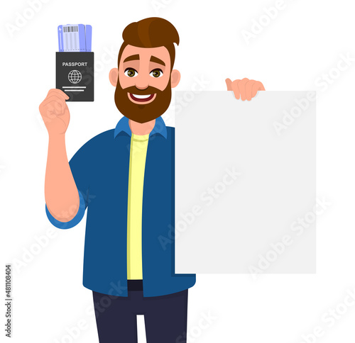 Young hipster man showing passport with tickets and blank poster. Trendy bearded person holding a boarding pass and empty banner or board. Male character design illustration in vector cartoon style.