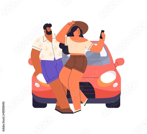 Couple taking selfie photo with smartphone near car on summer holiday trip. H...