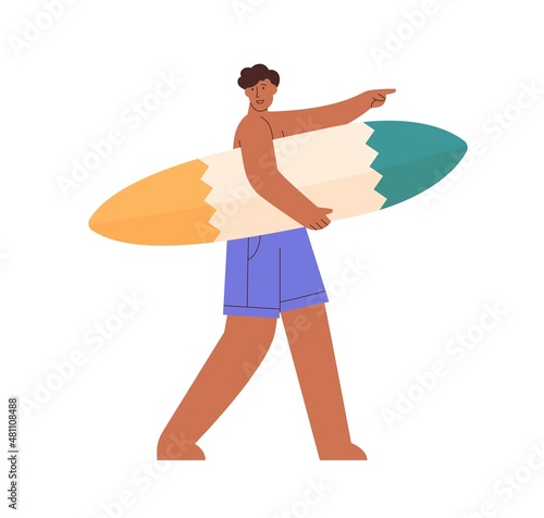 Man walking with surfboard in hands, talking and pointing at sea. Active tanned guy surfer going and holding surf board on summer holidays. Flat vector illustration isolated on white background