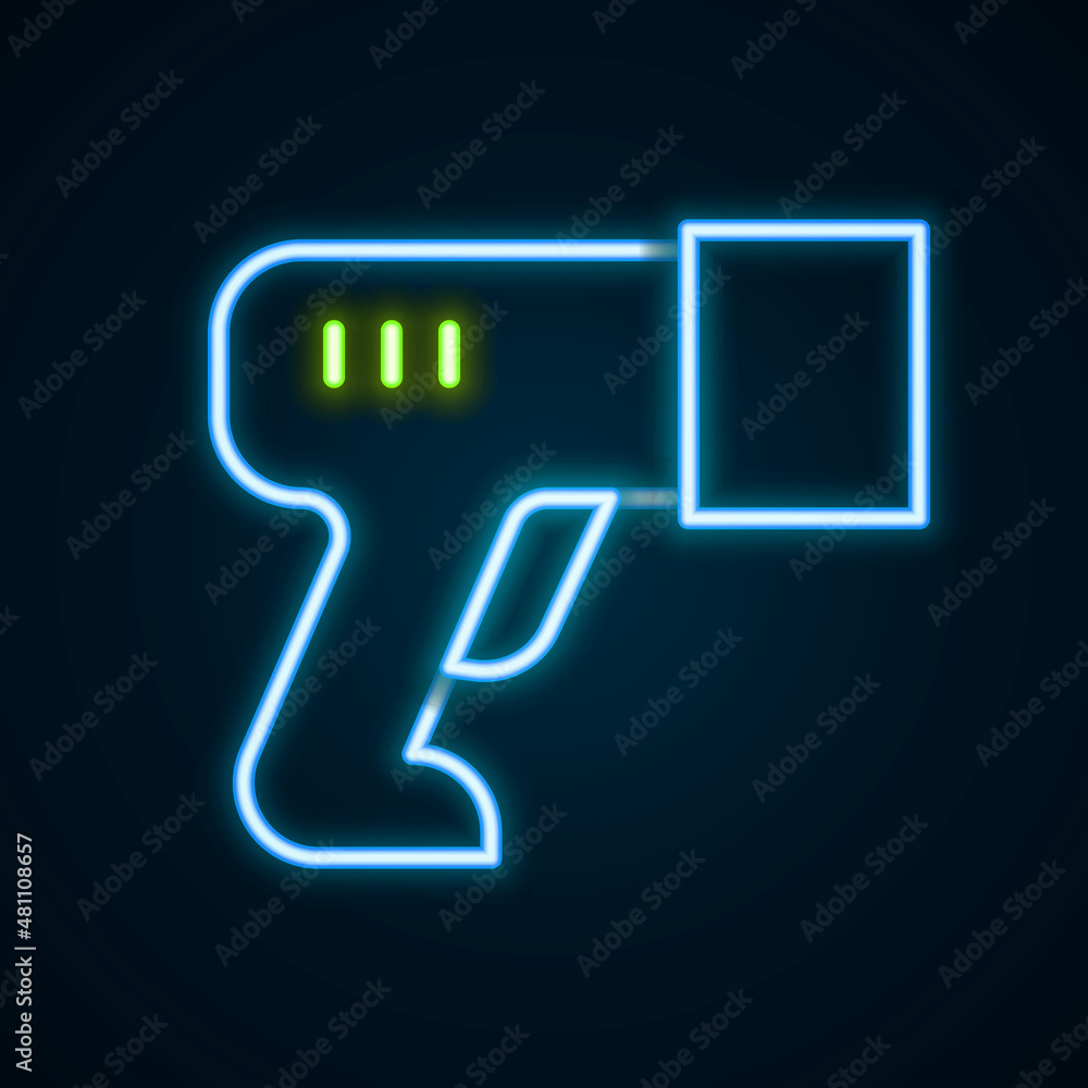 Glowing neon line Scanner scanning bar code icon isolated on black background. Barcode label sticker. Identification for delivery with bars. Colorful outline concept. Vector Glowing neon line Scanner scanning bar code icon isolated on black background. Barcode label sticker. Identification for delivery with bars. Colorful outline concept. Vector