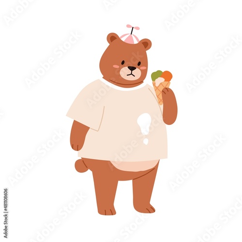 Cute bear holding sweet ice-cream. Funny teddy animal in tshirt eating icecre...