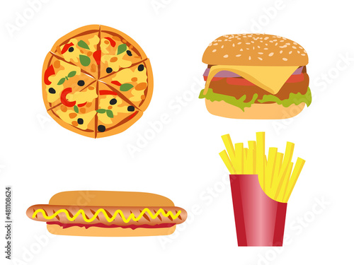 Fast food set consisting of pizza, burger, hot dog and french fries on a white background., Vector illustration