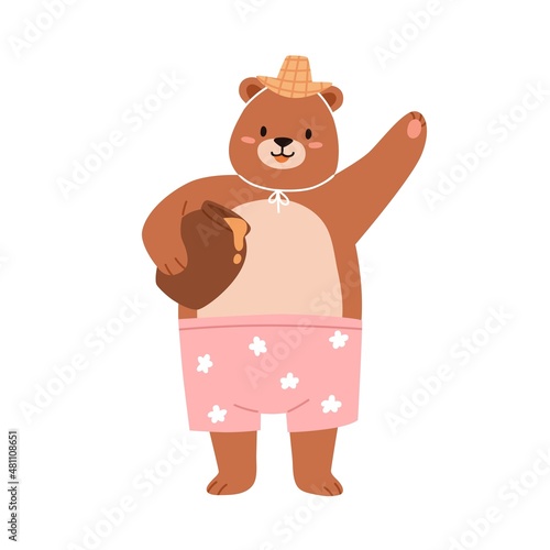 Cute bear holding honey pot. Funny teddy in straw hat and trunks portrait. Ha...