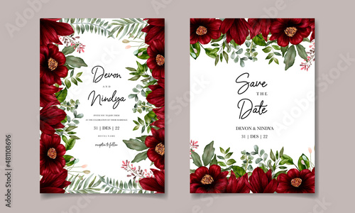 Beautiful watercolor red flower wedding invitation card