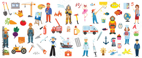 Professions and their attributes: farmer, artist, fireman, ballerina, painter, builder, sailor, doctor, diver, confectioner, teacher, pilot.