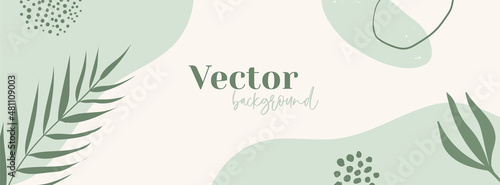 Minimal long vector banner in green colors. Abstract organic floral background with copy space for text. Facebook cover template
